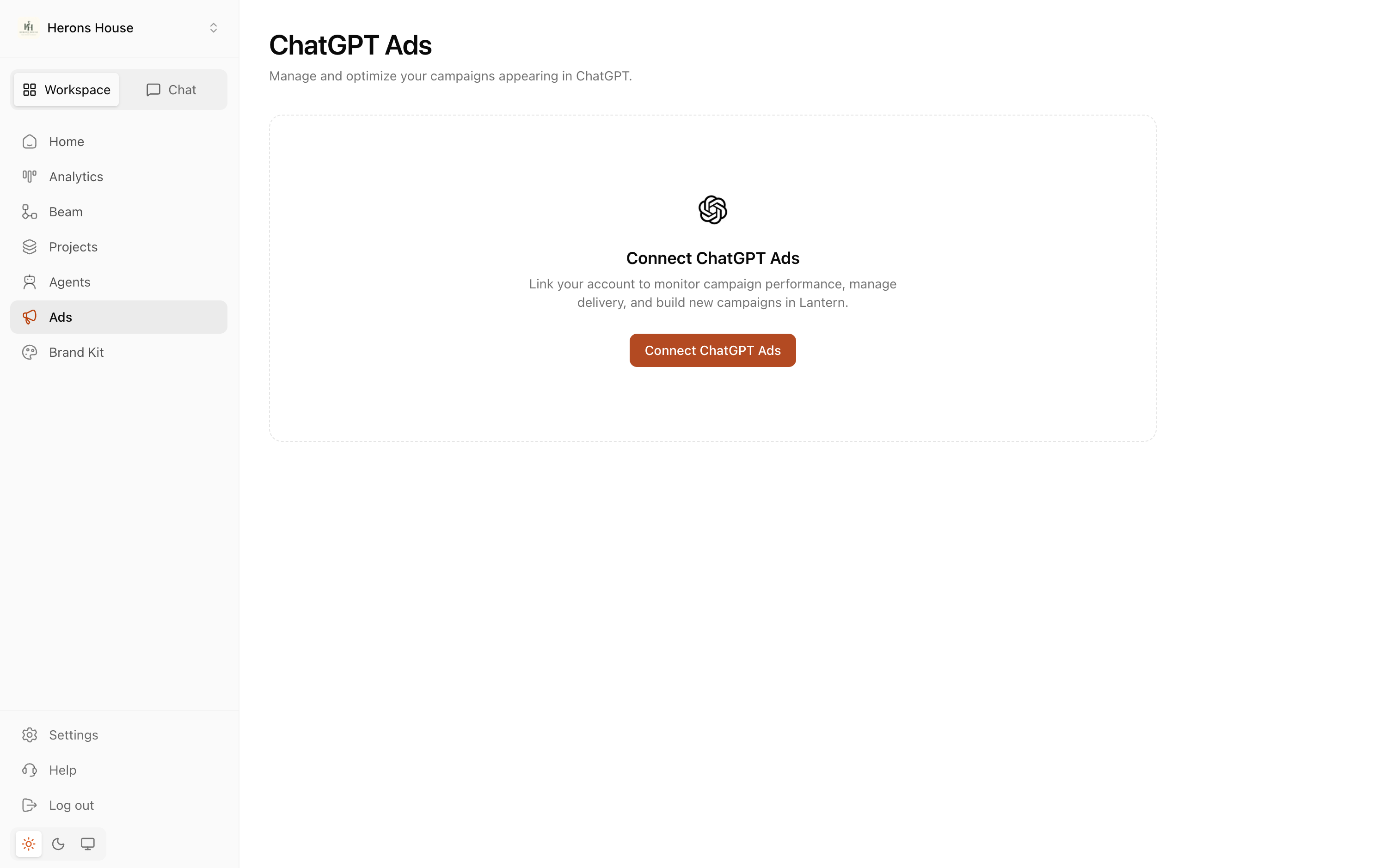 Lantern interface for creating and managing ChatGPT advertising campaigns
