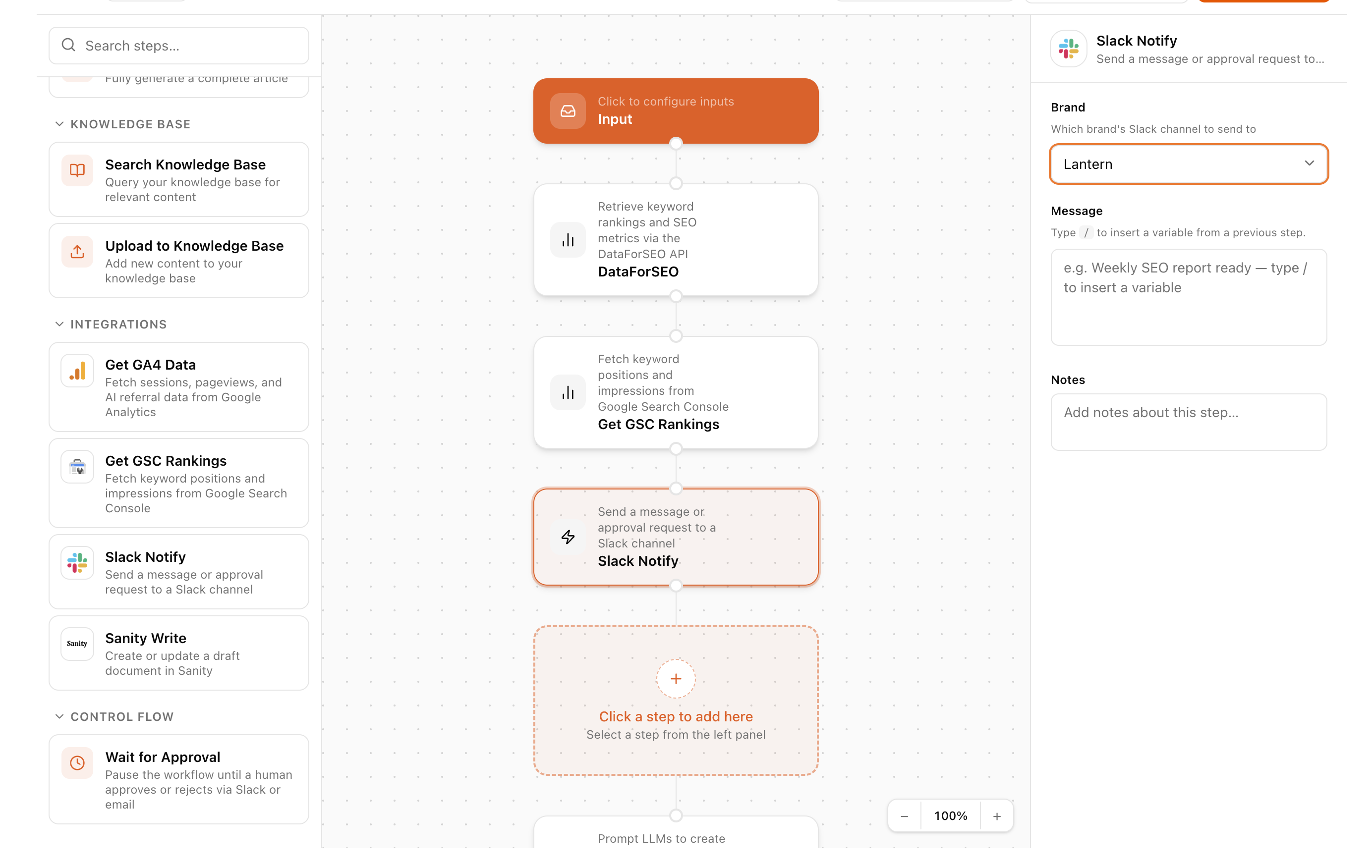 Lantern platform showing AI search monitoring, citation gap analysis, and automated content workflows